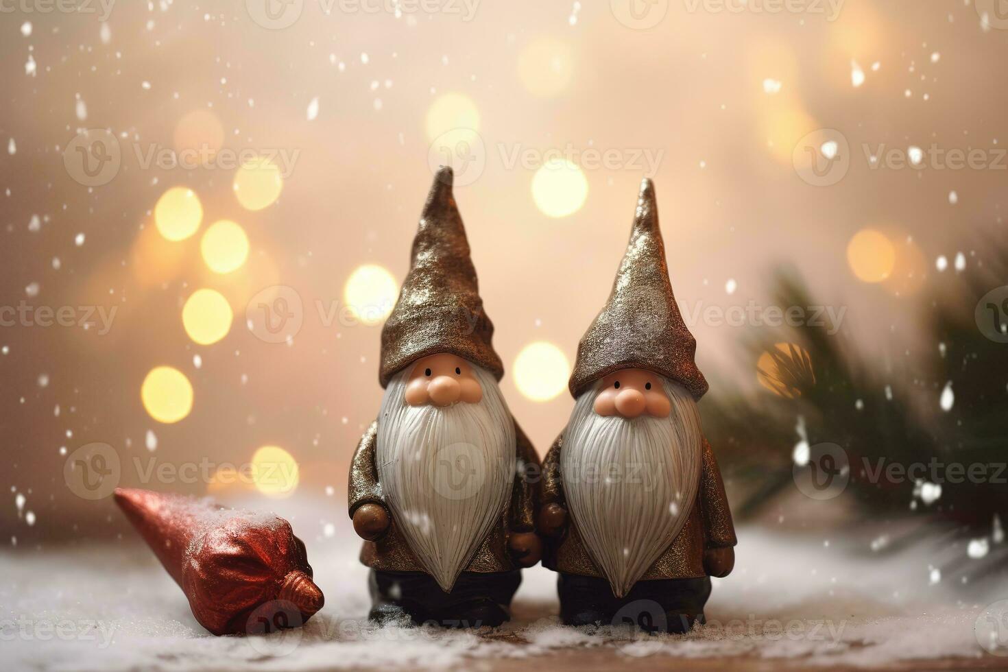 ai généré deux gnomes permanent dans de face de une Noël arbre photo