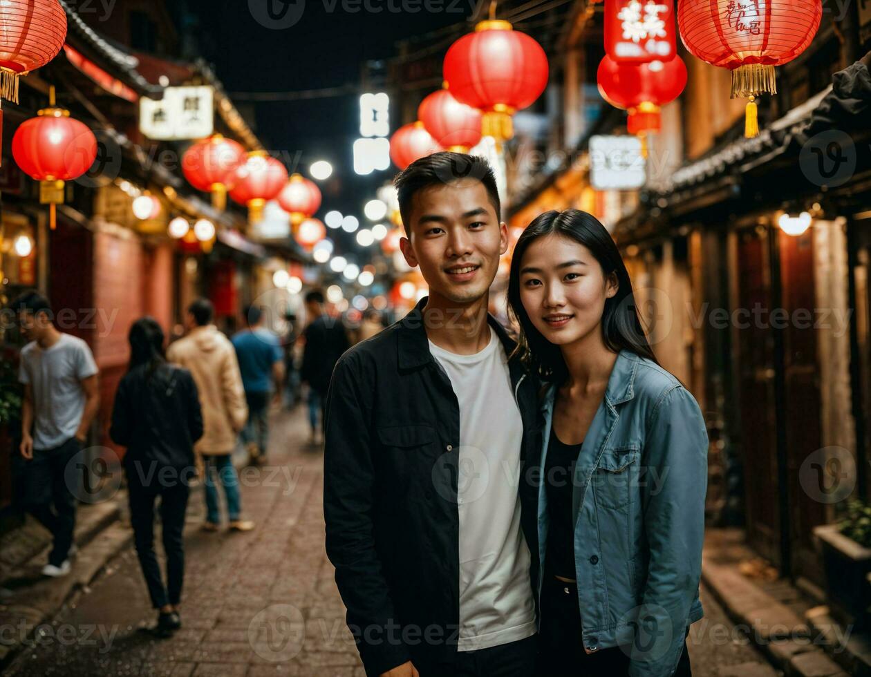 ai généré photo de Sénior asiatique femme pendant lourd pluie et inonder sur route à quartier chinois rue à nuit, génératif ai