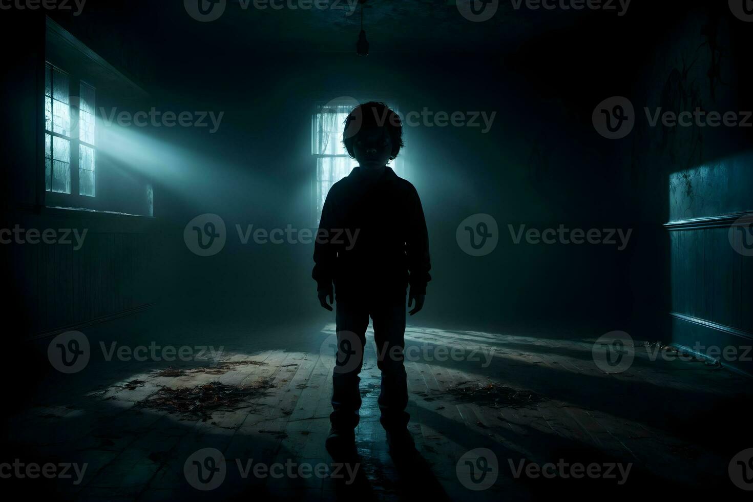 ai généré foncé silhouette de enfant dans sinistre pièce ai génératif photo