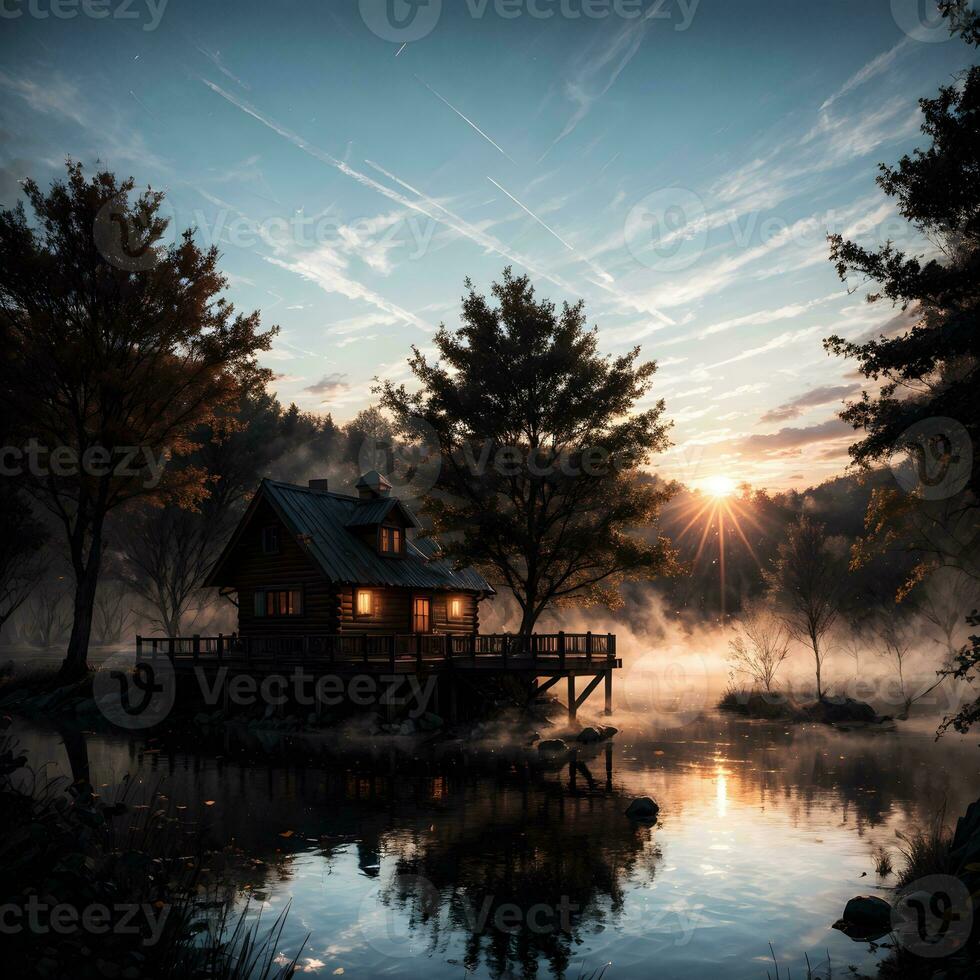 ai généré d'or heure éthéré rêveur Lac maison ai génératif photo