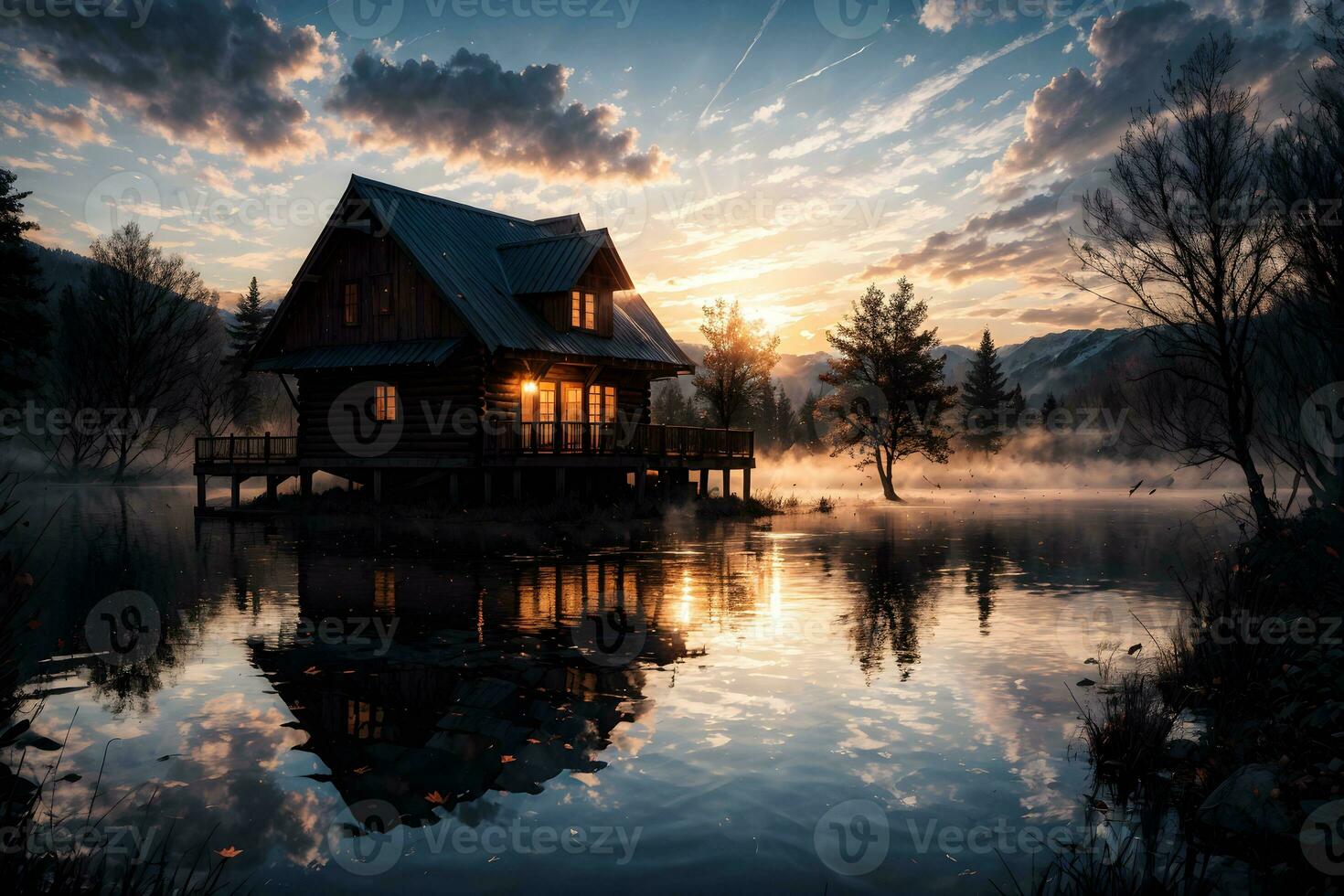 ai généré d'or heure éthéré rêveur Lac maison ai génératif photo