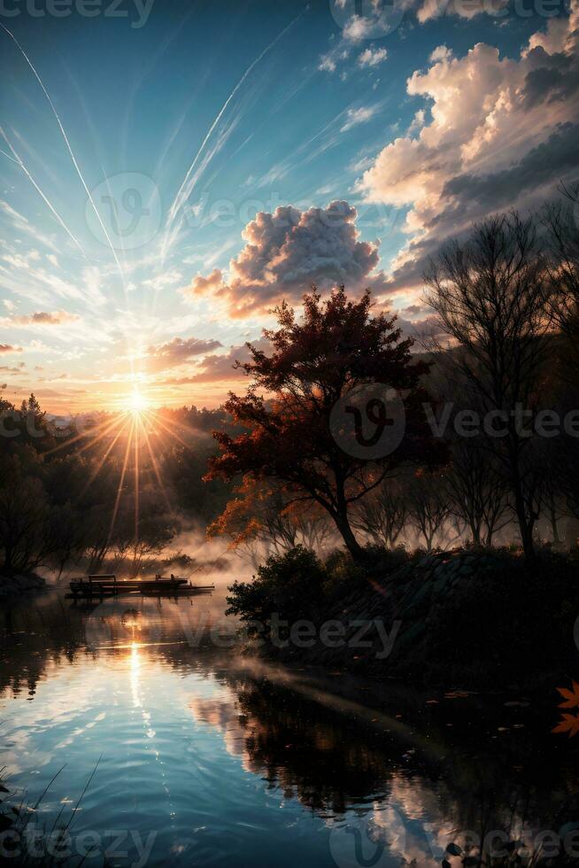 ai généré d'or heure éthéré rêveur Lac maison ai génératif photo