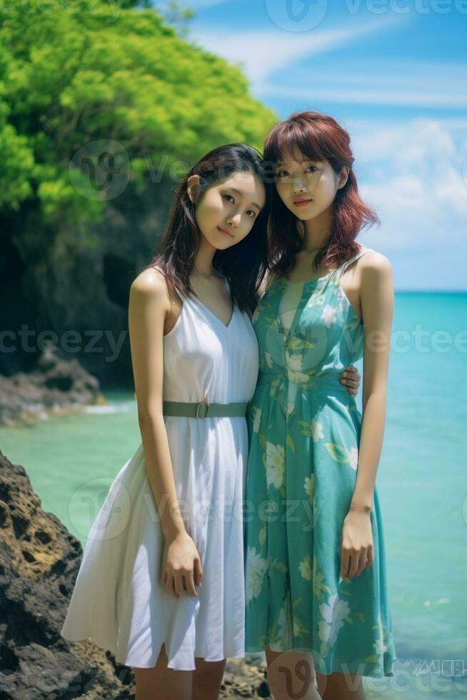 ai généré deux Japonais femmes dans Robes permanent sur le plage photo