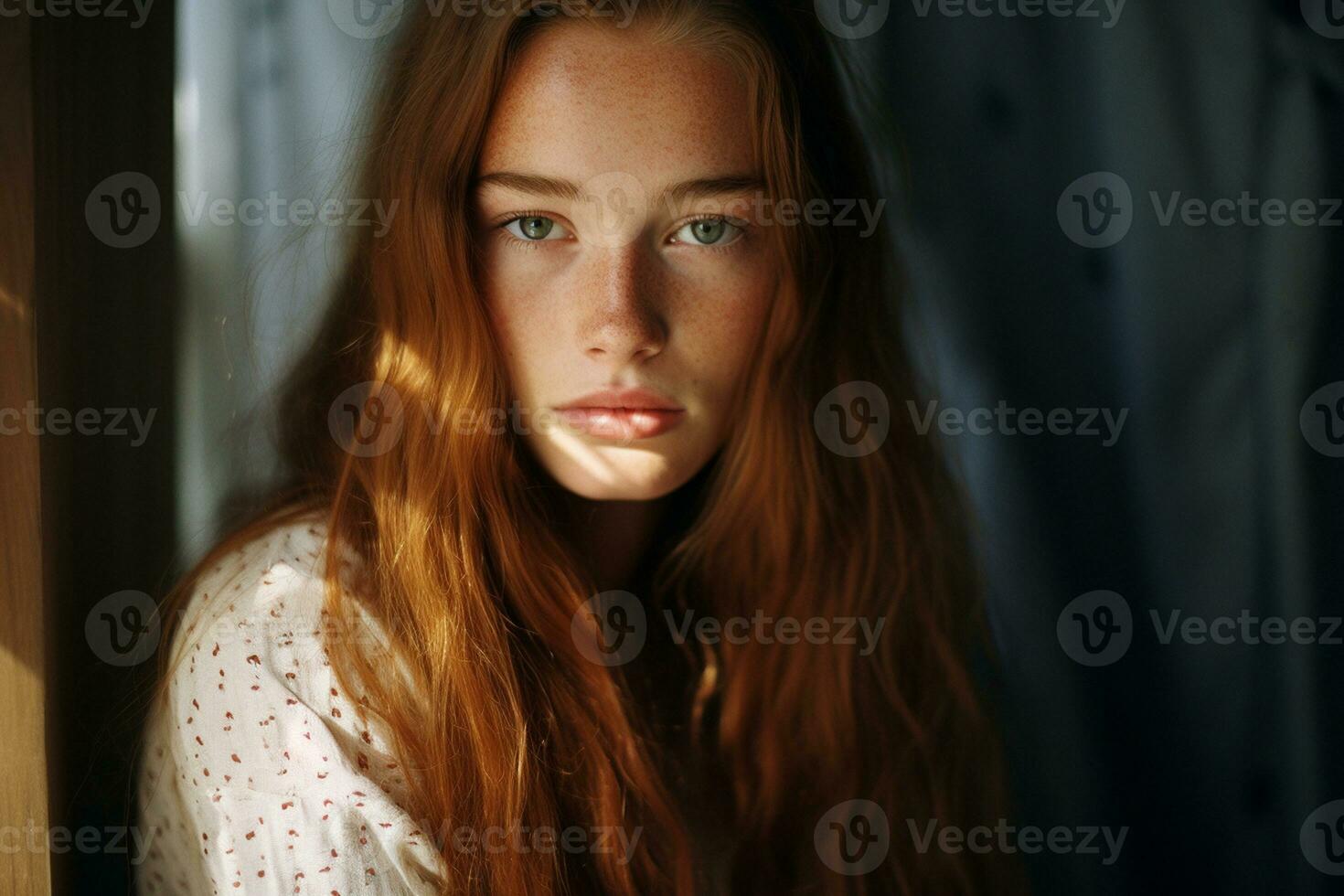 ai généré magnifique Jeune russe femme taches de rousseur visage avec longue cheveux photo