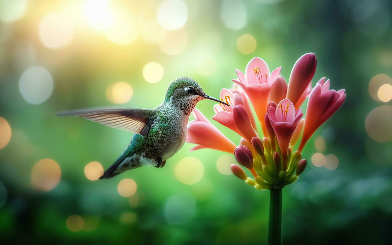 ai généré bourdonnement des oiseaux sucer nectar de fleur pollen flou bokeh Contexte la nature vert photo