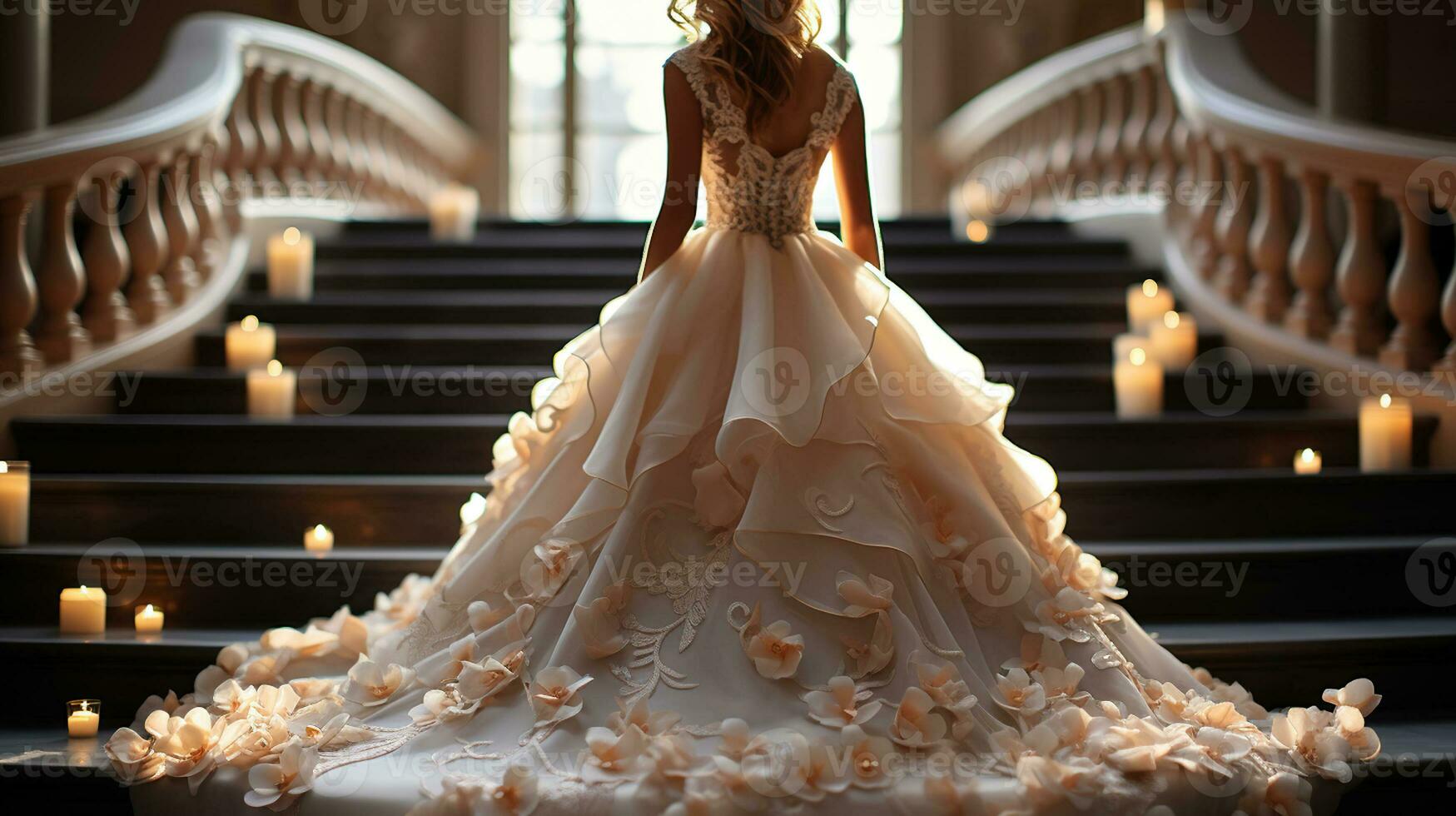 escalier à romance, captivant des moments de une la mariée au milieu de vacillant bougies photo