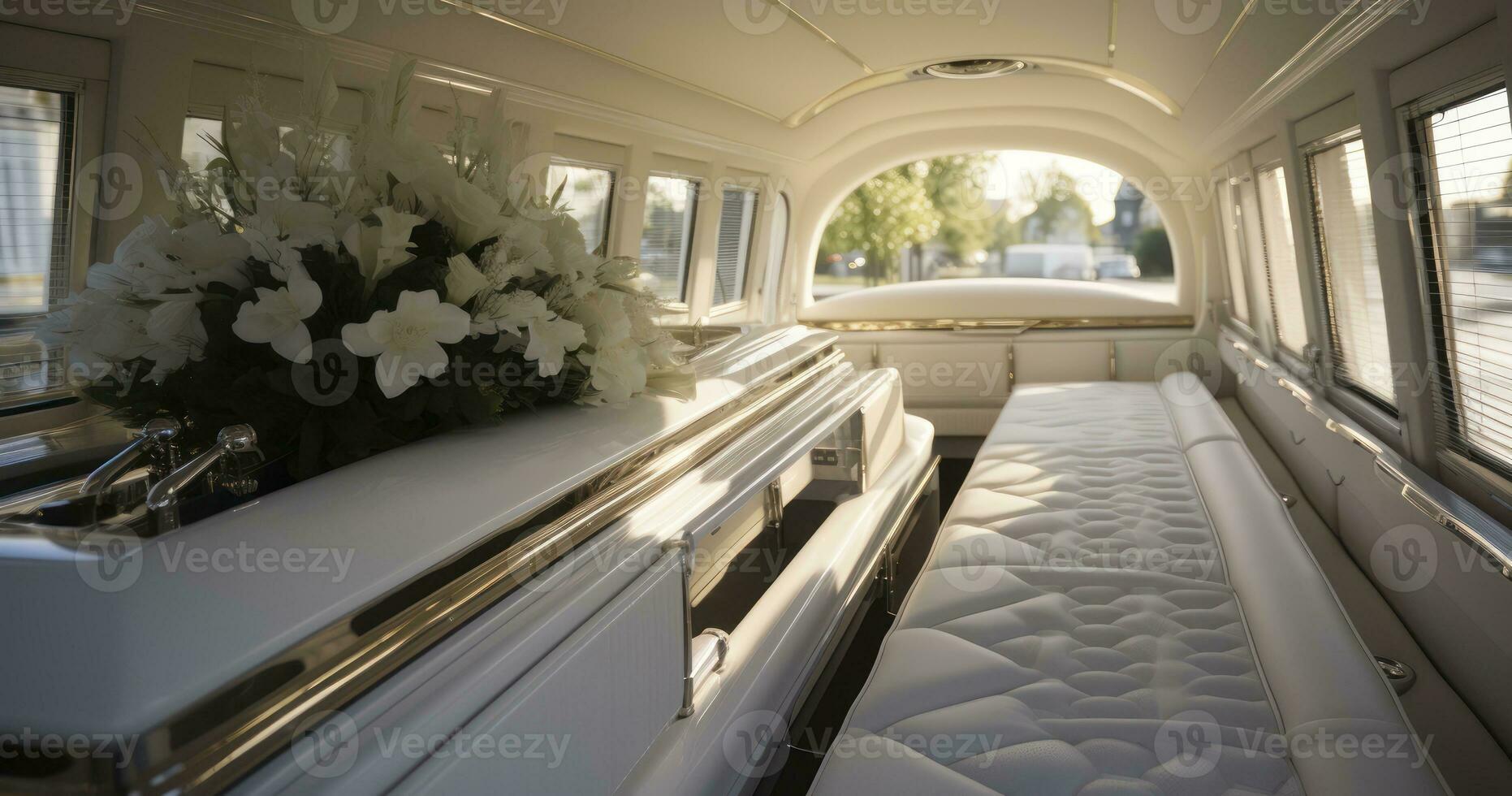 une paisible Départ - fermer coup de une blanc cercueil dans une corbillard ou chapelle avant funéraire ou enterrement à cimetière. génératif ai photo