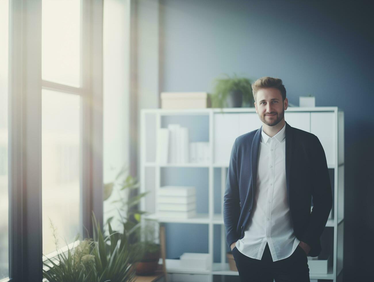 ai généré Jeune homme d'affaire Commencez PDG sur de soi et debout de face de minimal moderne bureau, réussi gens photo