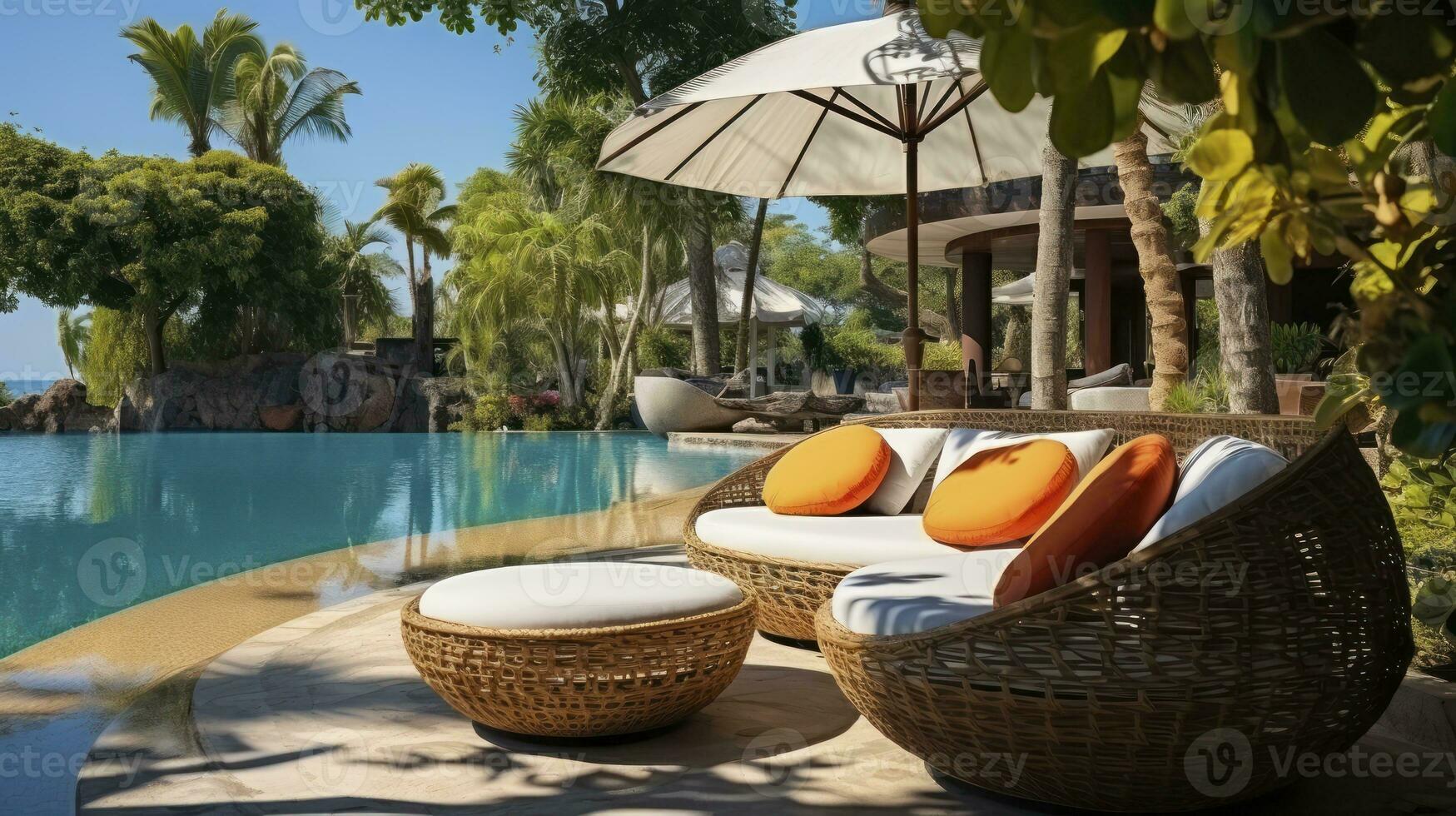 une en bord de mer jardin de lits de repos, palmiers, et au bord de la piscine les plaisirs. génératif ai photo