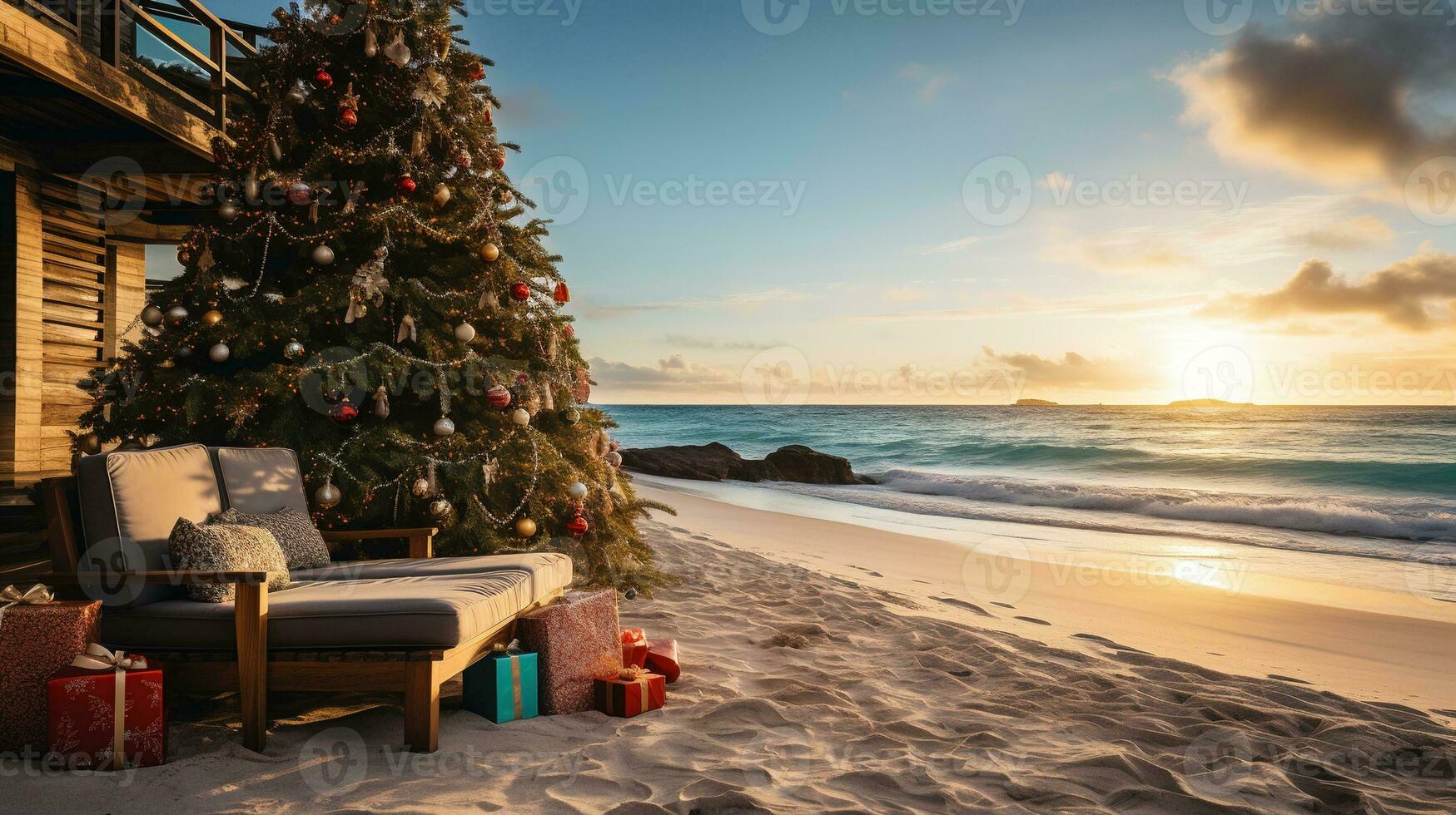 ai généré génératif ai, Noël sur le plage. cadeaux, Noël arbre, palmier, océan et chaises. vacances concept photo