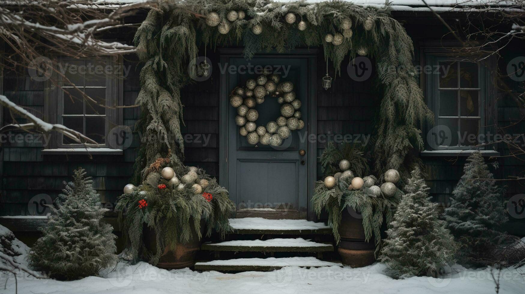 ai généré génératif ai, de face porte avec Noël décoration, couronne et guirlande, en sourdine couleurs, chalet rustique porte photo