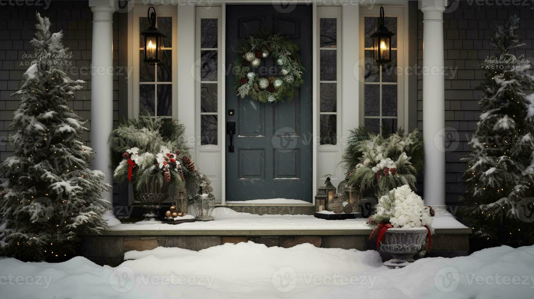 ai généré génératif ai, de face porte avec Noël décoration, couronne et guirlande, en sourdine couleurs, chalet rustique porte photo