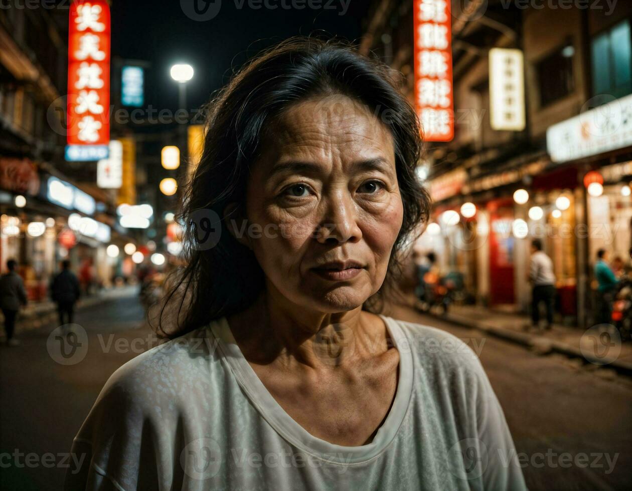 photo de Sénior vieux femme dans Chine local rue marché à nuit, génératif ai