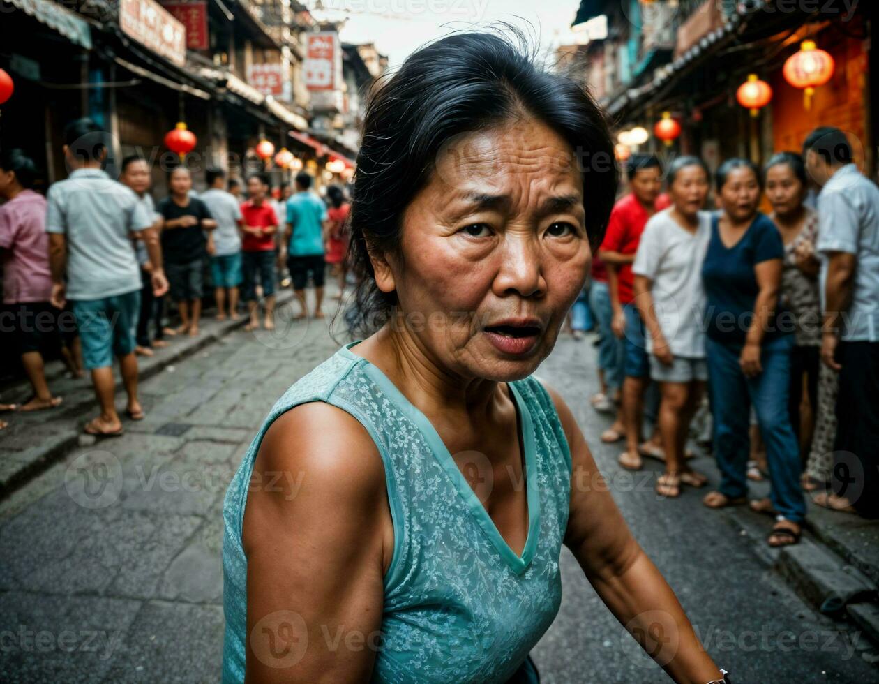 photo de Sénior vieux femme avec en colère ambiance dans Chine local rue marché à nuit, génératif ai