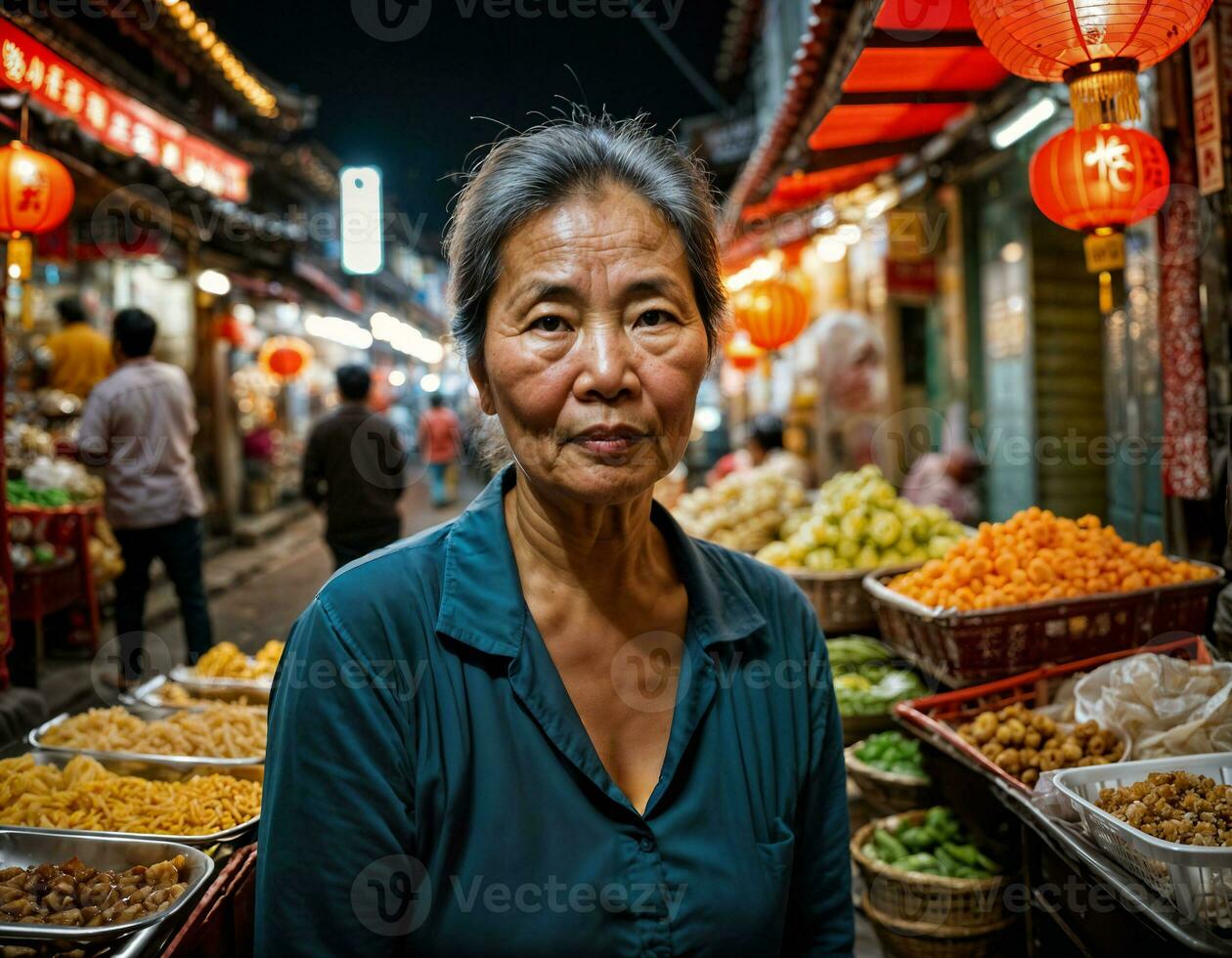 photo de Sénior vieux vendeur femme dans Chine local rue marché à nuit, génératif ai