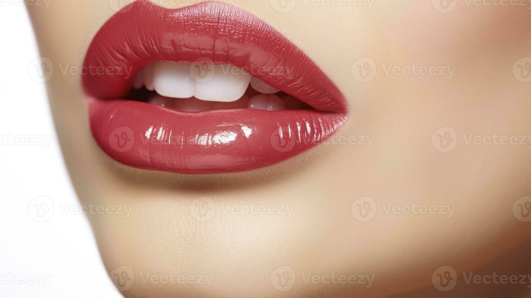 proche en haut de orné de rouge à lèvres lèvres, isolé sur blanc Contexte. génératif ai photo
