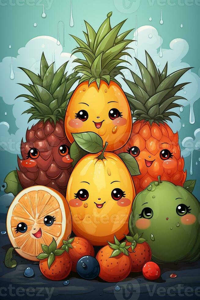 ai généré mignonne fruit dessin animé personnage photo