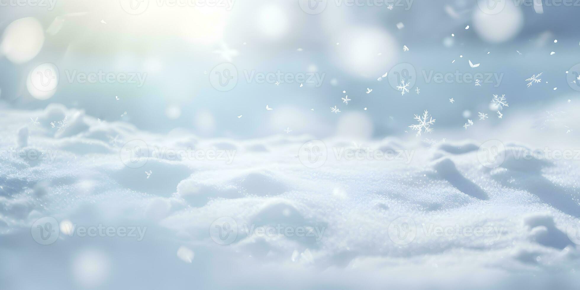 hiver neige bannière Contexte avec neige les dérives, avec magnifique lumière et flocons de neige sur le bleu ciel. ai génératif photo
