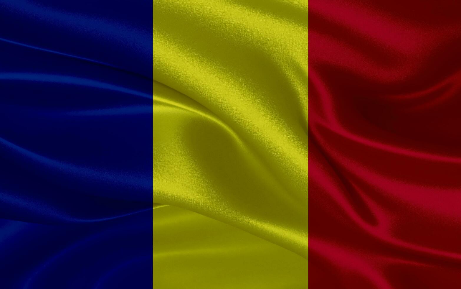3d agitant réaliste soie nationale drapeau de Roumanie. content nationale journée Roumanie drapeau Contexte. proche en haut photo