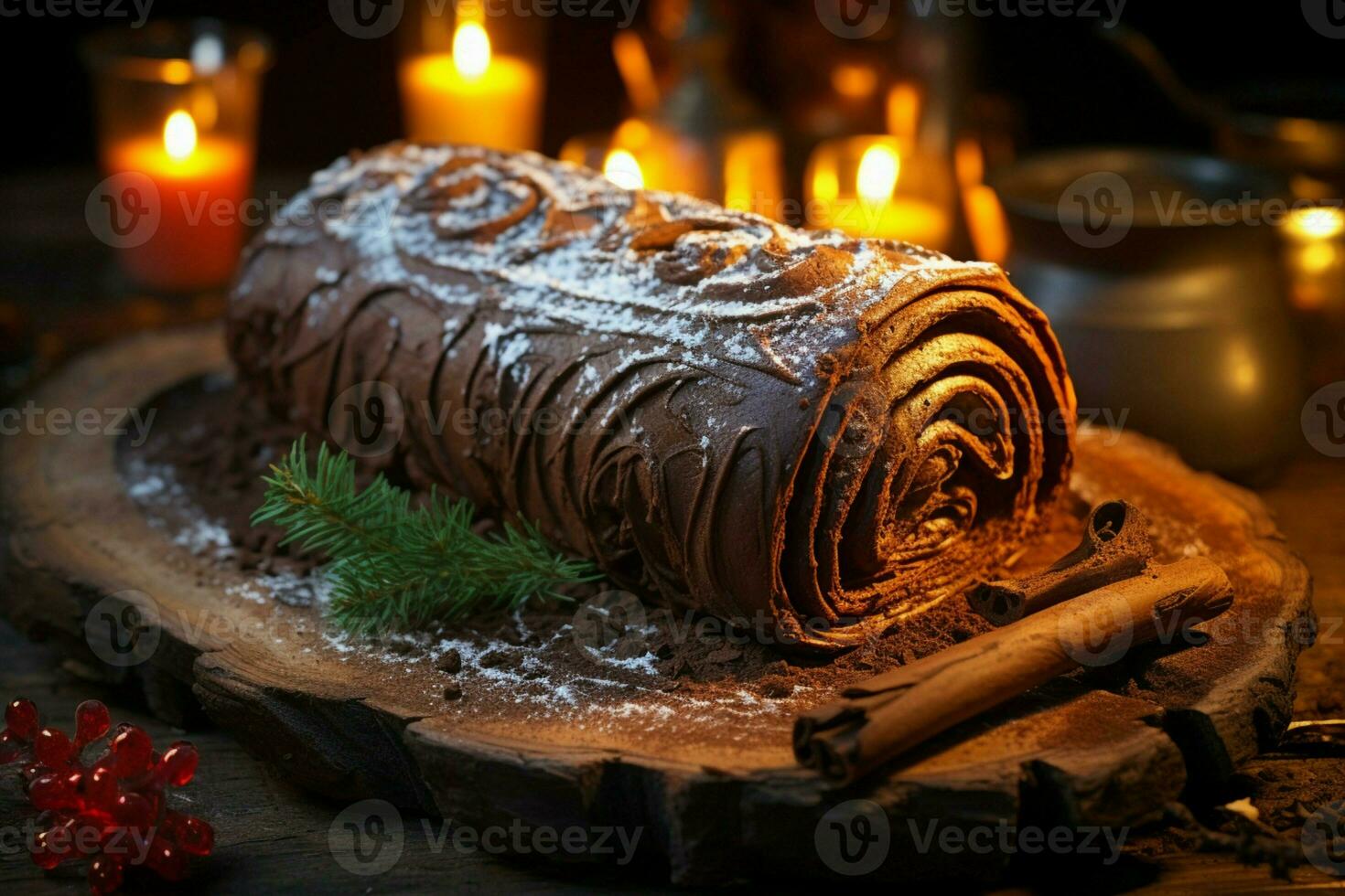 ai généré classique Noël Journal une de fête traiter Noël gâteau roulé et orné pour une délicieux fête ai généré photo