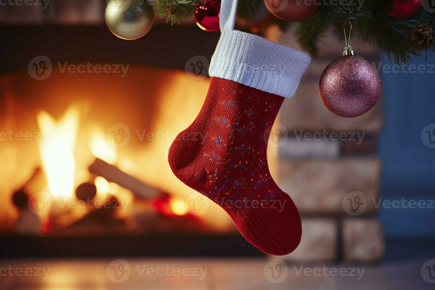 ai généré Noël de fête célébrations rouge chaussette accroché par le cheminée en attente santas joyeux des surprises ai généré photo