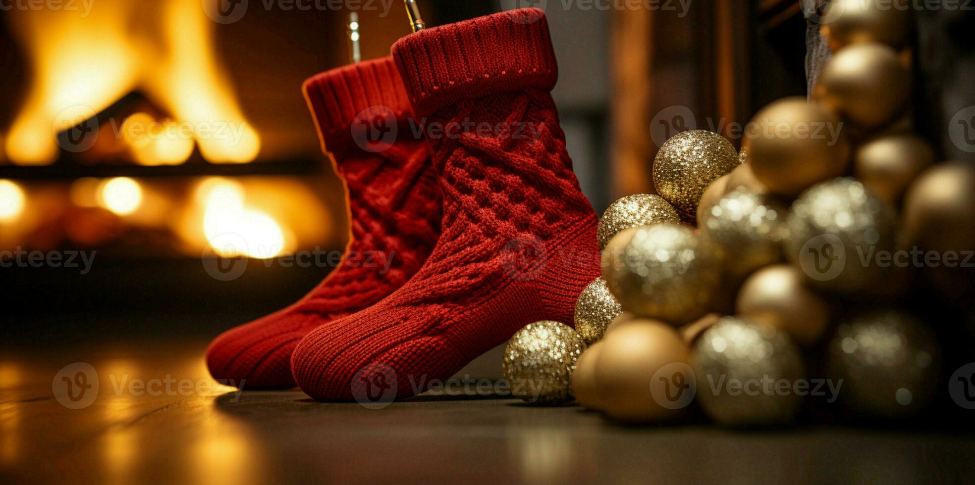 ai généré Noël de fête célébrations rouge chaussette accroché par le cheminée en attente santas joyeux des surprises ai généré photo