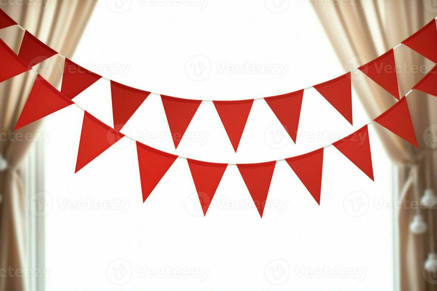 ai généré vibrant rouge et blanc bruant de façon festive pendaison avec triangulaire drapeaux pour célébrations. ai généré photo