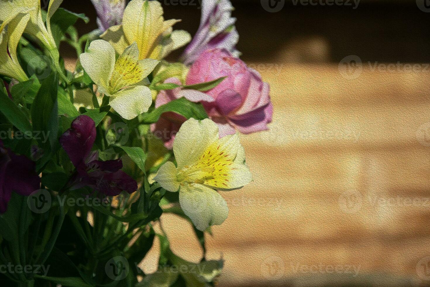 alstroemeria fleurs contre flou en bois mur, huileux texture. délicat de fête arrangement. photo