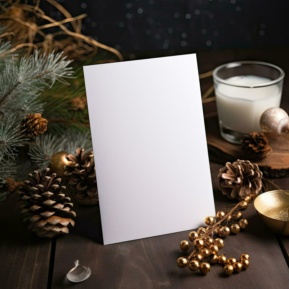 blanc Noël salutation carte moquer en haut stylé dans de fête ornements et embrasé vacances Contexte ,ai génératif photo