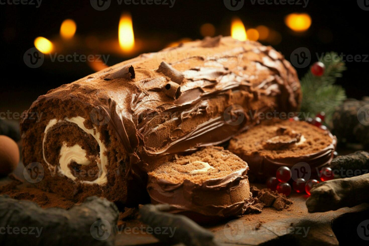 ai généré classique Noël Journal une de fête traiter Noël gâteau roulé et orné pour une délicieux fête ai généré photo