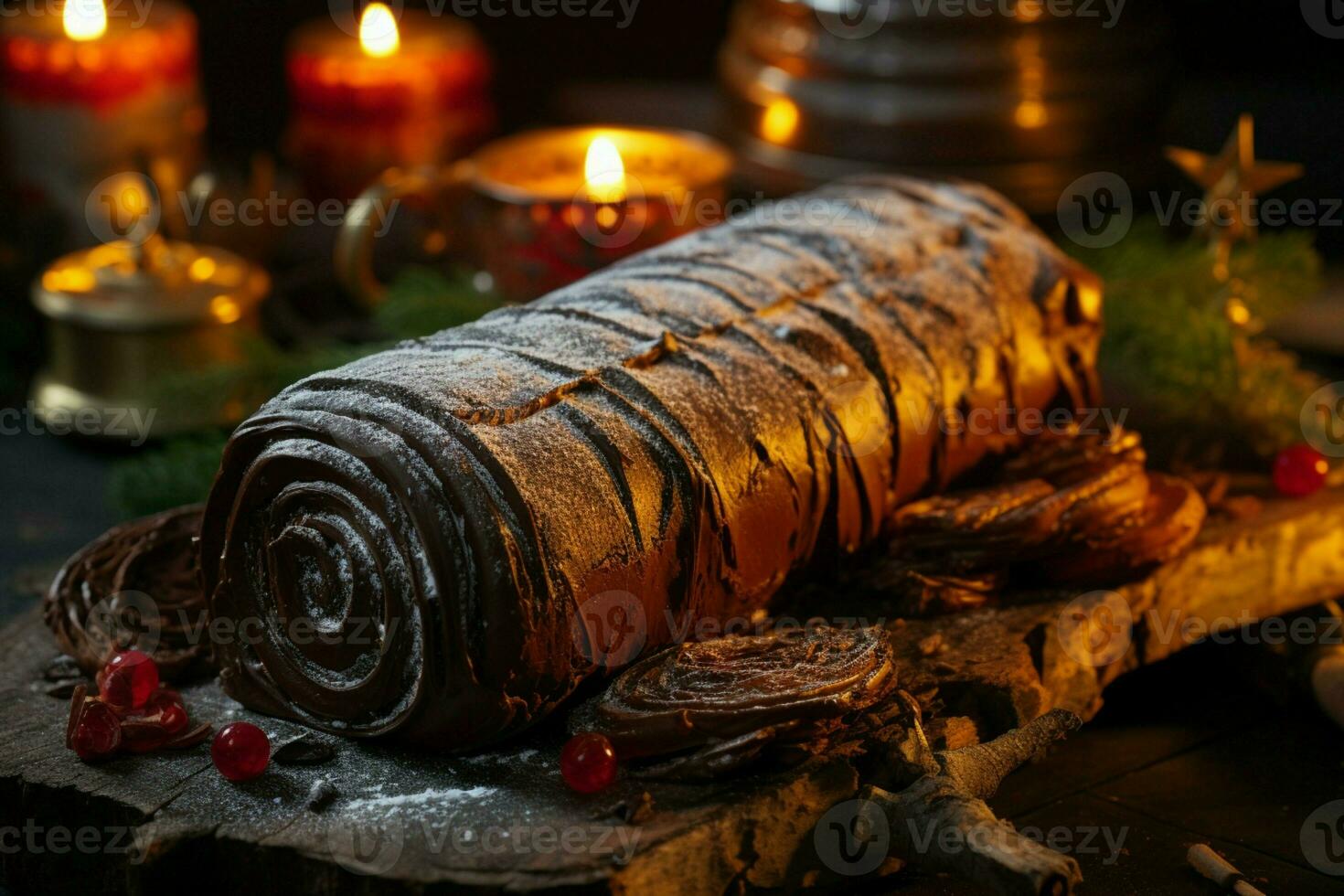 ai généré classique Noël Journal une de fête traiter Noël gâteau roulé et orné pour une délicieux fête ai généré photo