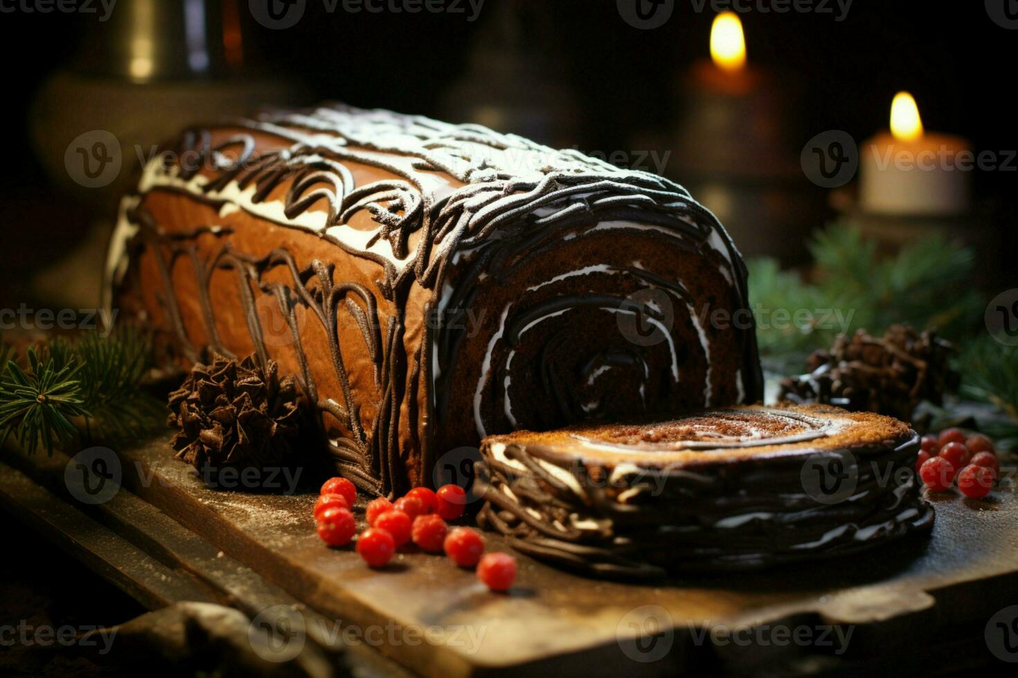 ai généré classique Noël Journal une de fête traiter Noël gâteau roulé et orné pour une délicieux fête ai généré photo