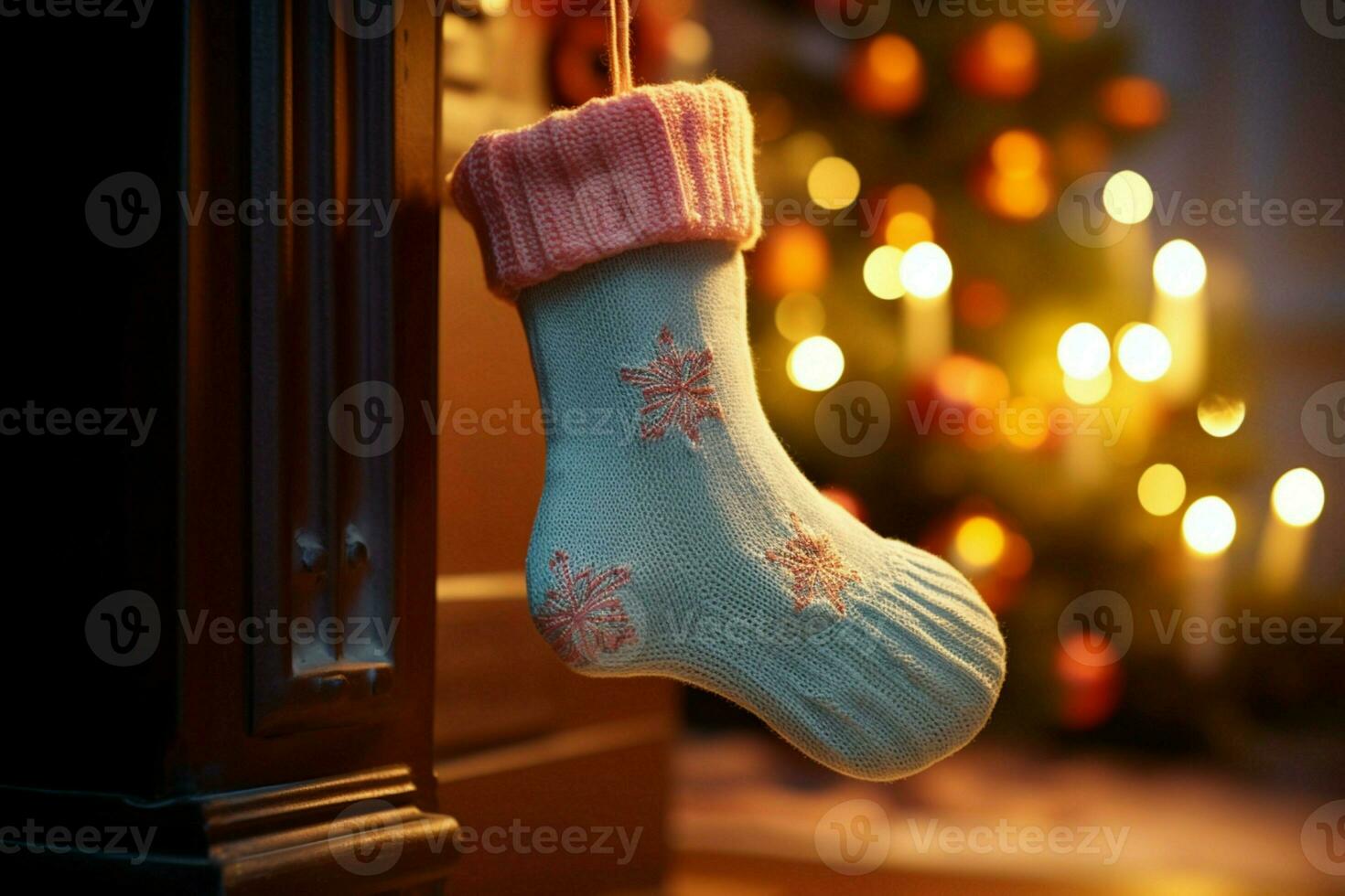 ai généré Noël de fête célébrations rouge chaussette accroché par le cheminée en attente santas joyeux des surprises ai généré photo