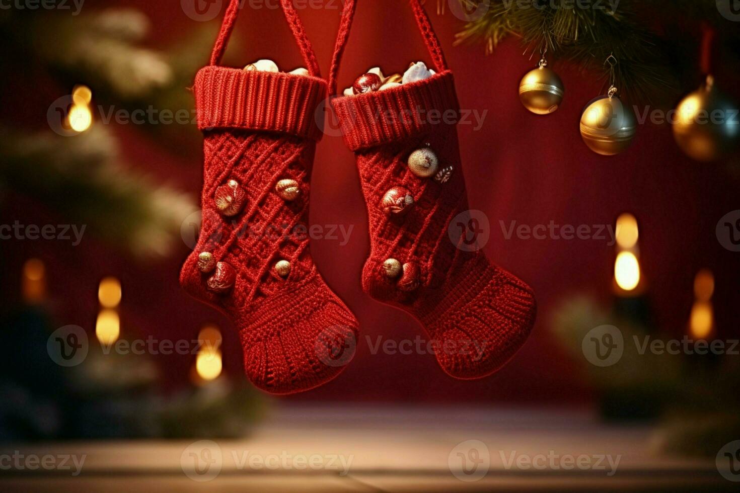 ai généré Noël de fête célébrations rouge chaussette accroché par le cheminée en attente santas joyeux des surprises ai généré photo