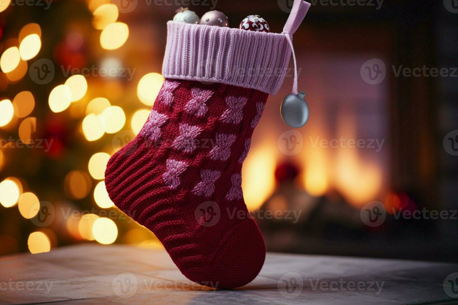 ai généré Noël de fête célébrations rouge chaussette accroché par le cheminée en attente santas joyeux des surprises ai généré photo