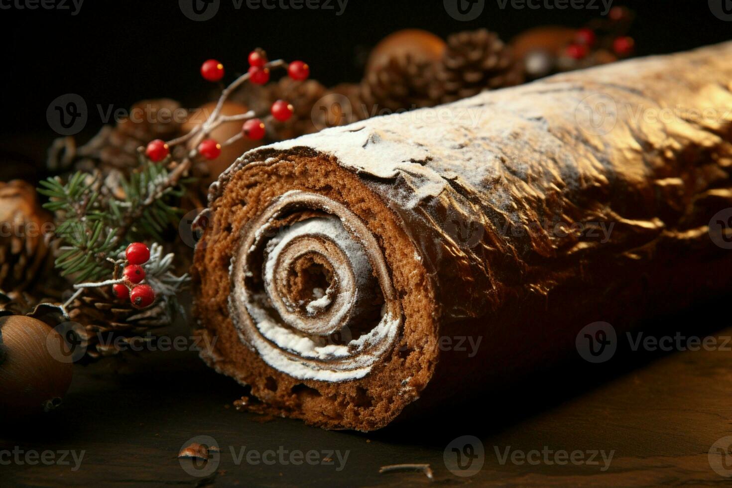 ai généré classique Noël Journal une de fête traiter Noël gâteau roulé et orné pour une délicieux fête ai généré photo