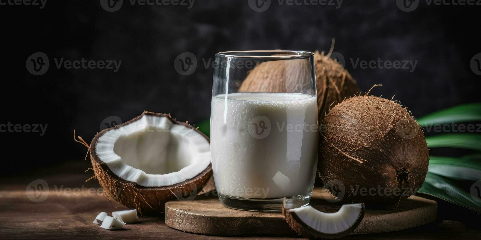 ai généré noix de coco Lait sur une en bois Contexte. noix de coco Lait dans une verre bouteille , en bonne santé nourriture, ai génératif photo