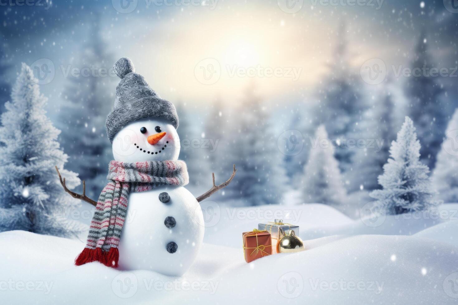 ai généré. bonhomme de neige avec cadeau boîte sur hiver Contexte. photo