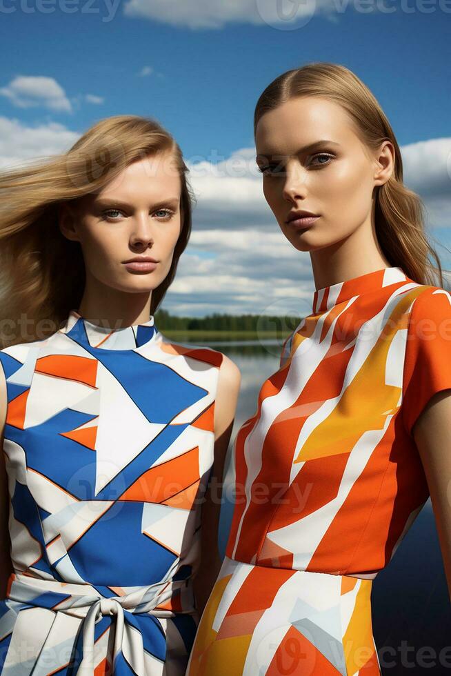 ai généré dans une fascinant vibrant Couleur ensemble inspiré par géométrie, deux Jeune suédois les filles posé. ai génératif photo