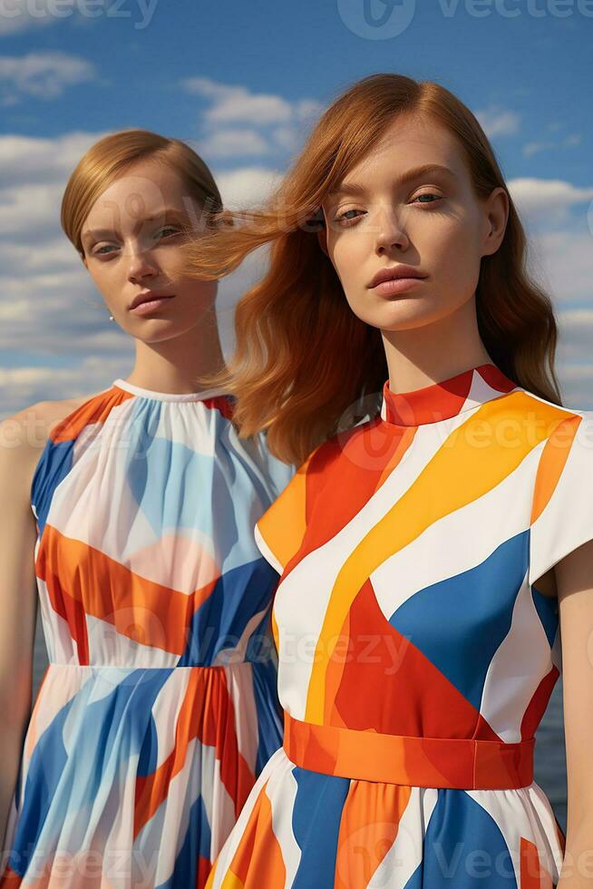 ai généré dans une fascinant vibrant Couleur ensemble inspiré par géométrie, deux Jeune suédois les filles posé. ai génératif photo