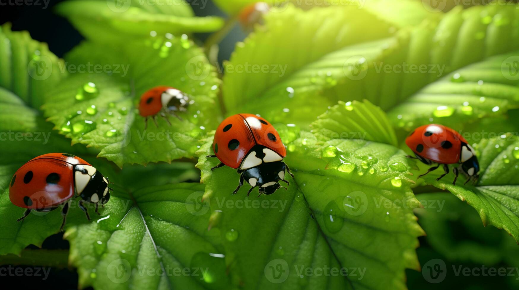 ai généré coccinelles sur vert feuilles avec l'eau gouttelettes photo