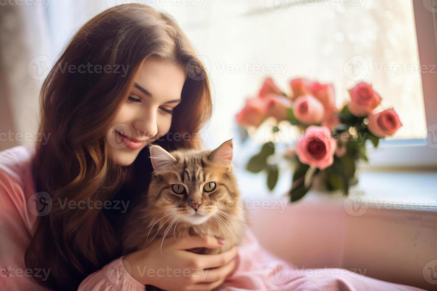 ai généré. confortable moment avec animal de compagnie chat et des roses photo