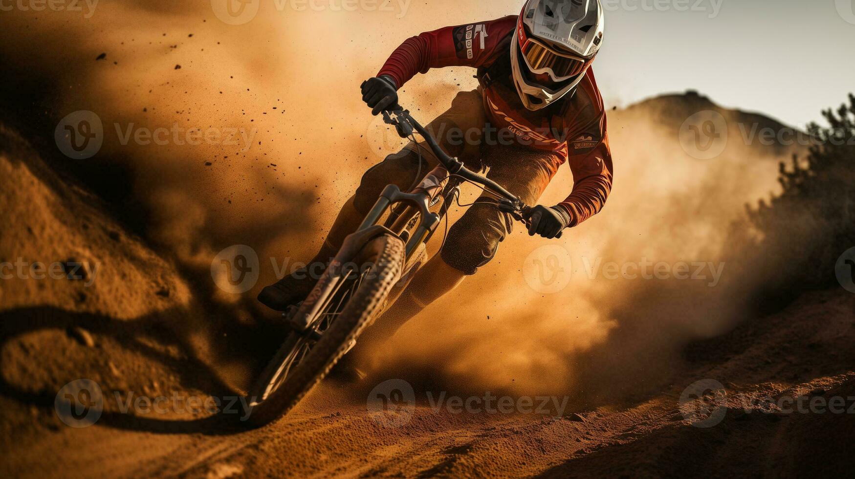 ai généré une homme équitation une Montagne bicyclette par une poussière nuage photo