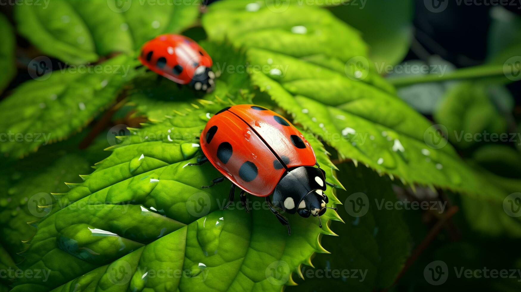 ai généré coccinelles sur vert feuilles photo