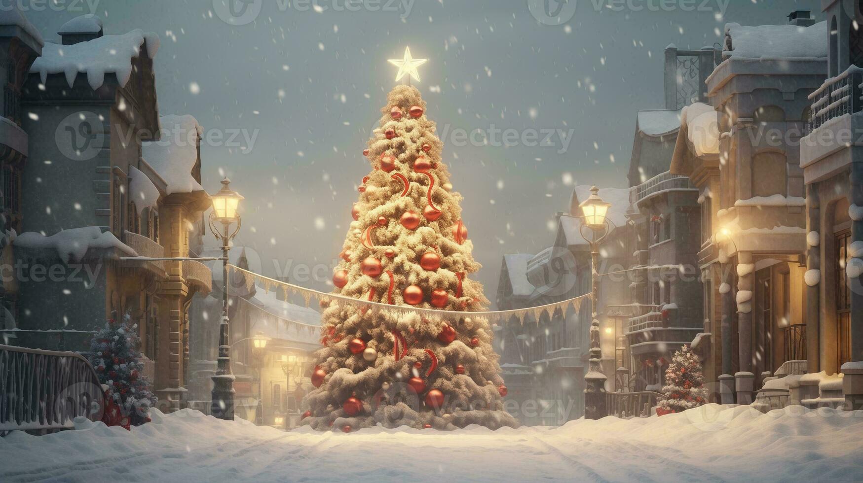 ai généré Noël arbre dans le neige dans une ville rue photo