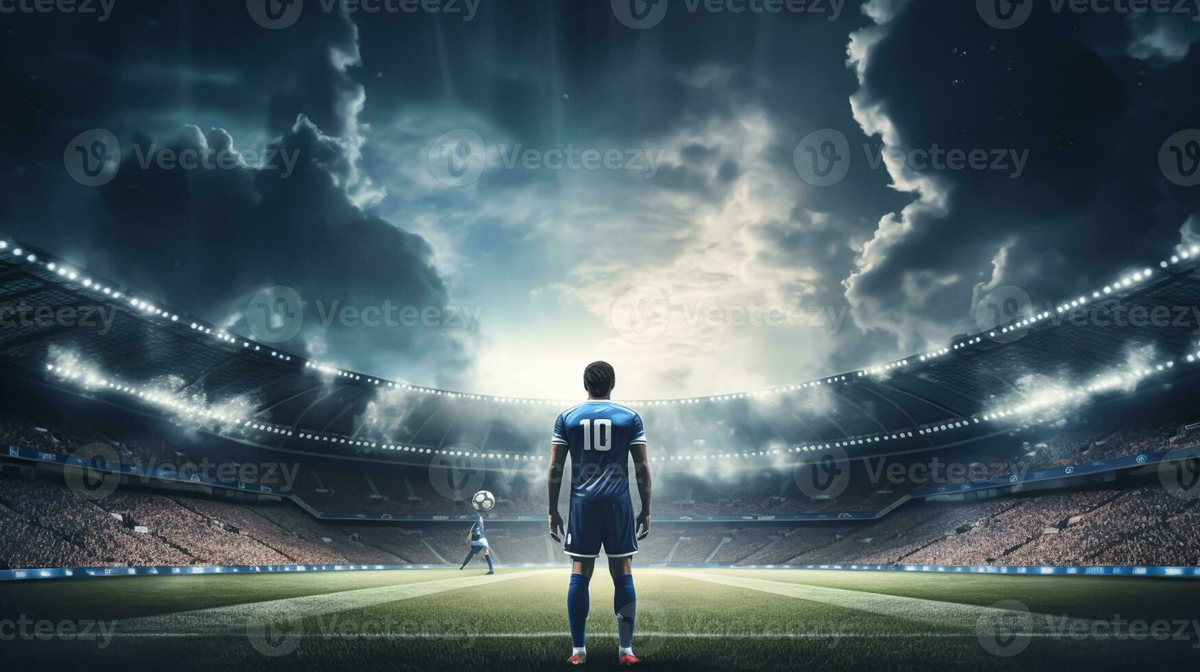 football joueur sur le champ de stade à nuit. photo