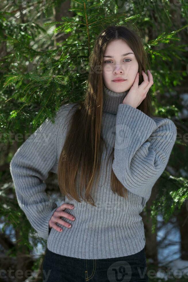 portrait de adolescent fille permanent dans pin forêt. brunette adolescent dans chandail à la recherche à caméra photo