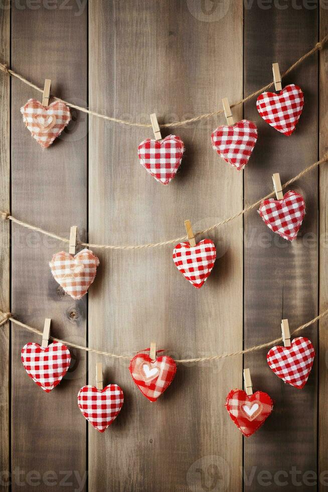 ai généré la Saint-Valentin journée Contexte avec cœurs et pinces à linge sur en bois mur photo