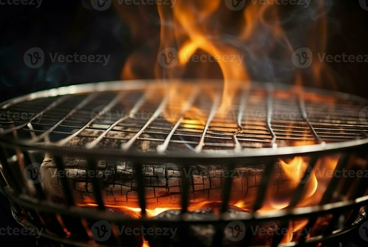 barbecue gril avec brûlant flammes fermer photo. produire ai photo