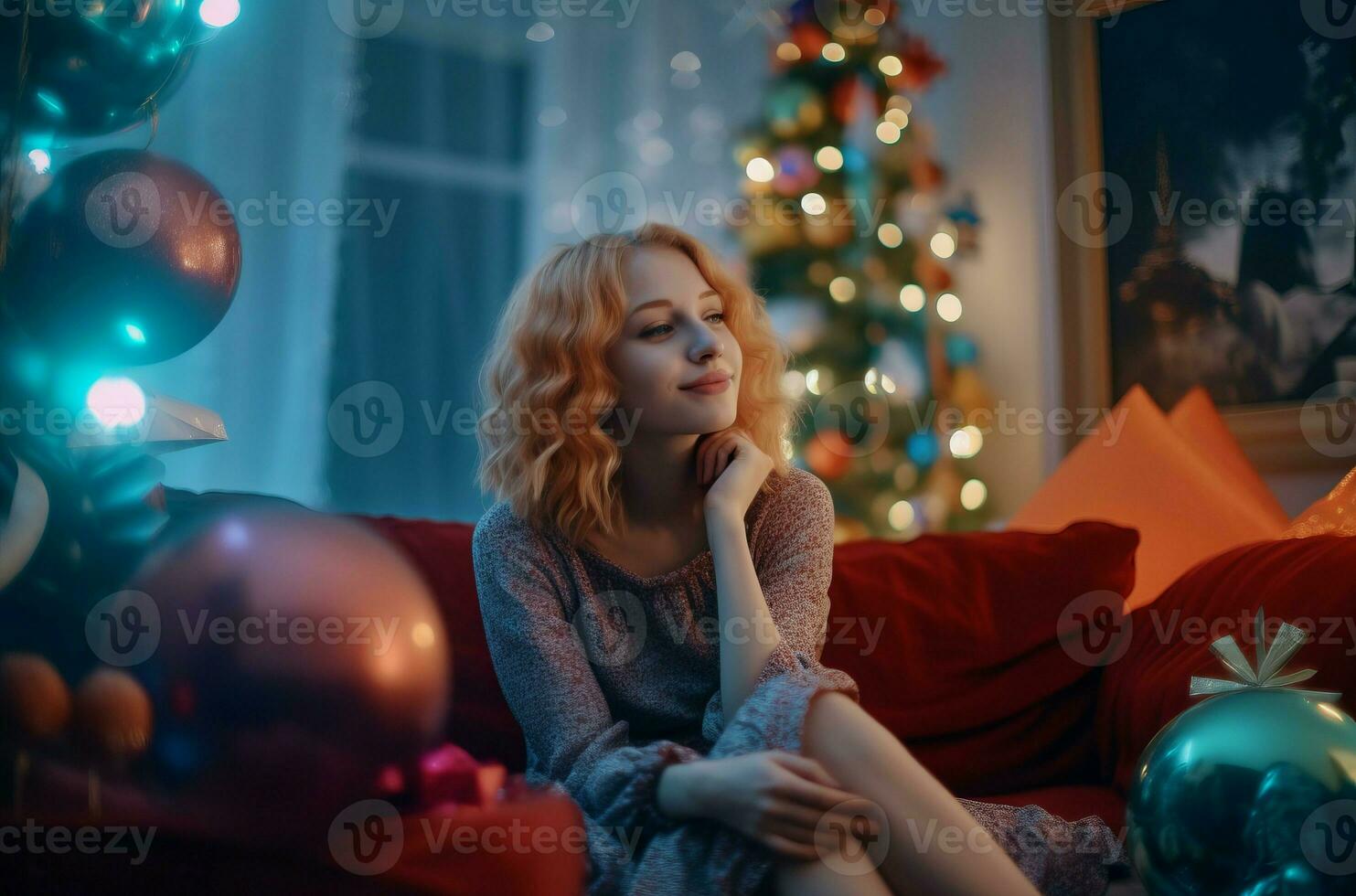 Enchanté fille séance sur canapé et attendre Noël. produire ai photo